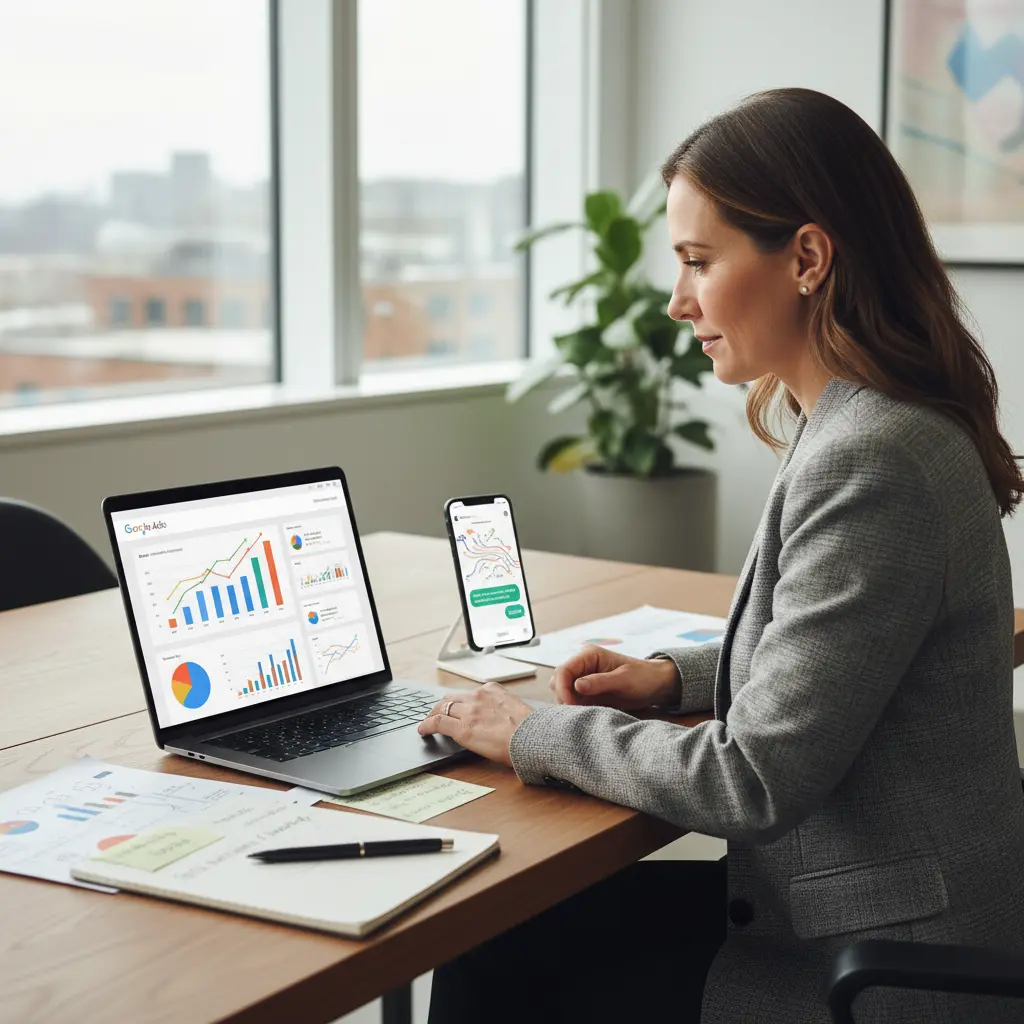 Paid media planning desk with campaign materials and performance notes