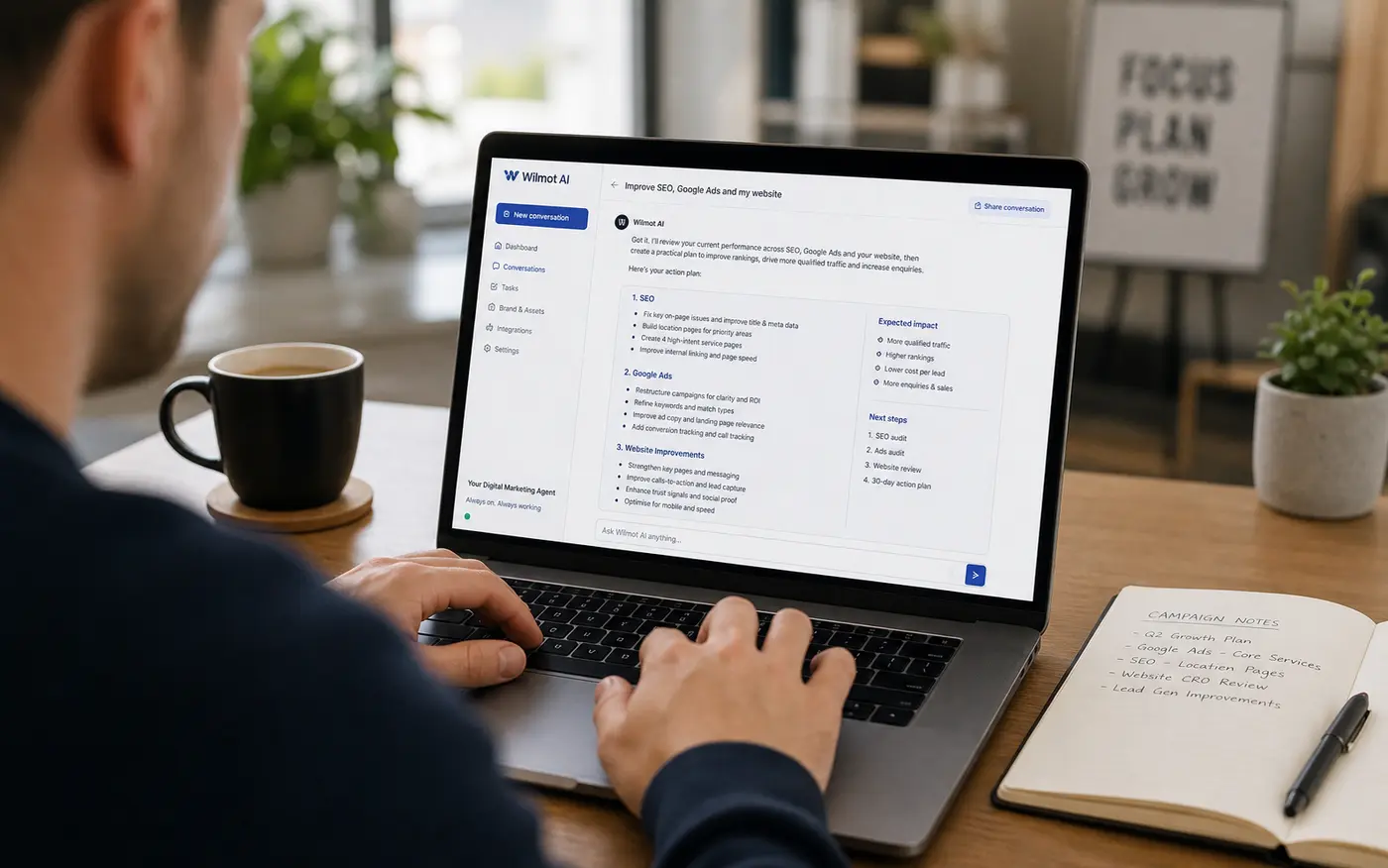 Business owner using Wilmot AI on a laptop to plan SEO, Google Ads and website improvements