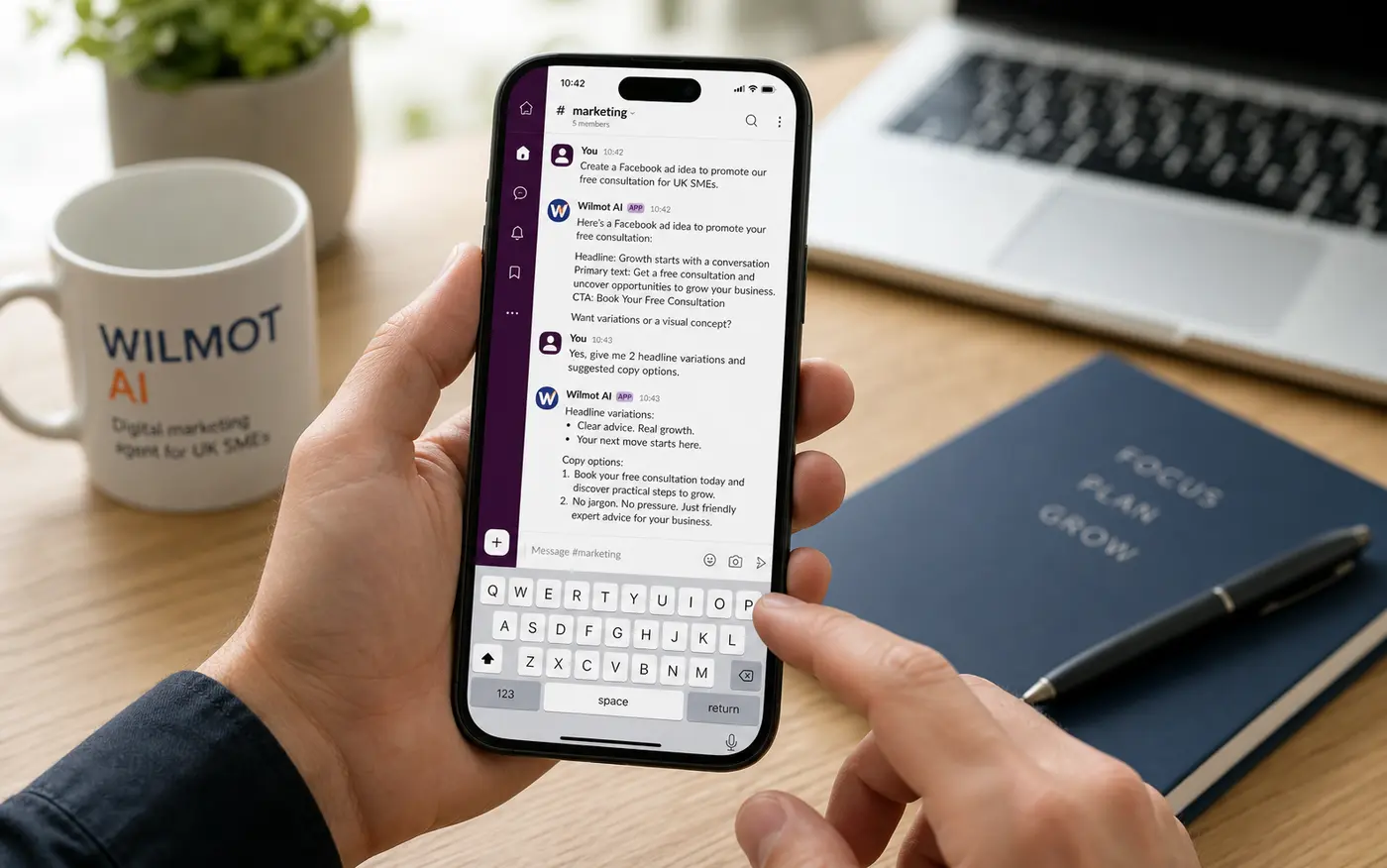 Slack mobile chat where a business owner briefs Wilmot AI on a marketing task
